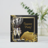 Champagne Confetti Black Gold Überraschung Party Einladung (Stehend Vorderseite)