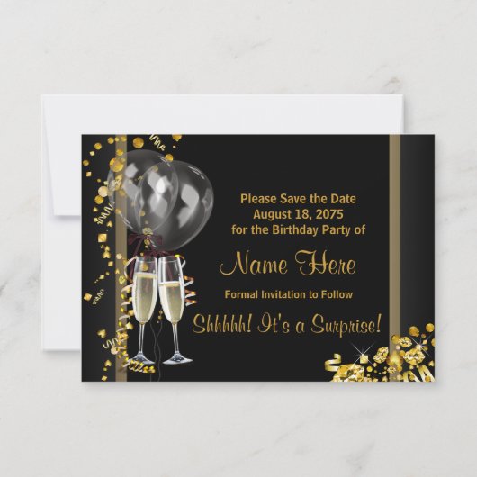 Champagne Confetti Black Save the Date (Rückseite)