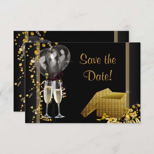 Champagne Confetti Black Save the Date (Vorne/Hinten)