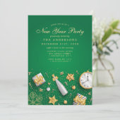 Champagne Confetti Gold Green New Year Partys Einladung (Stehend Vorderseite)
