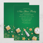 Champagne Confetti Gold Green New Year Partys Einladung (Vorne/Hinten)