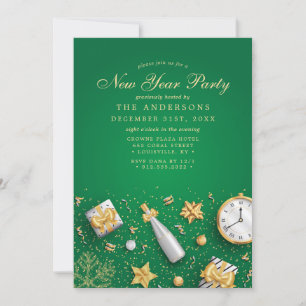 Champagne Confetti Gold Green New Year Partys Einladung