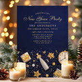 Champagne Confetti Gold Navy Blue New Year Partys Einladung