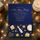 Champagne Confetti Gold Navy Blue New Year Partys Einladung