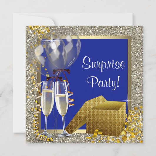 Champagne Confetti Navy Blue Gold Überraschung Par Einladung (Vorderseite)