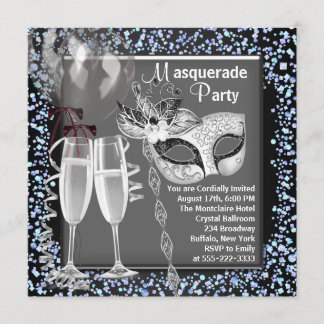 Champagne Confetti Silver Black Masquerade Party Einladung