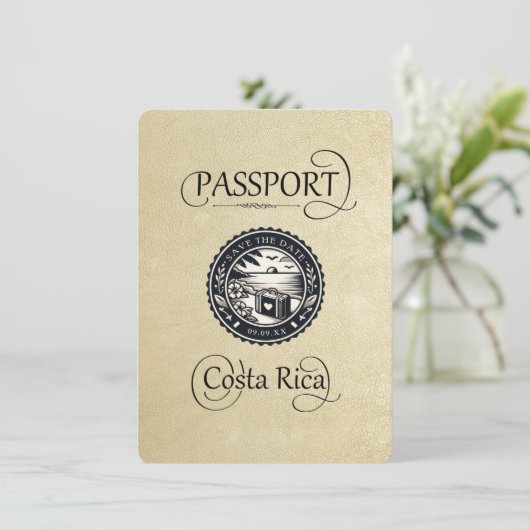 Champagne Costa Rica Passport Save The Date (Stehend Vorderseite)