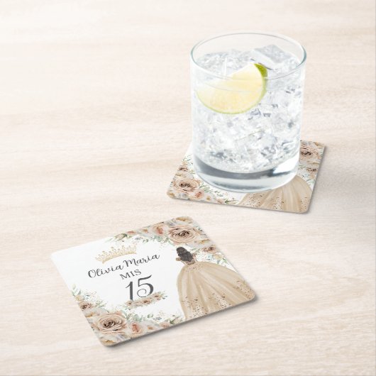 Champagne Cream Beige Floral Prinzessin Quinceañer Rechteckiger Pappuntersetzer (Vor Ort)
