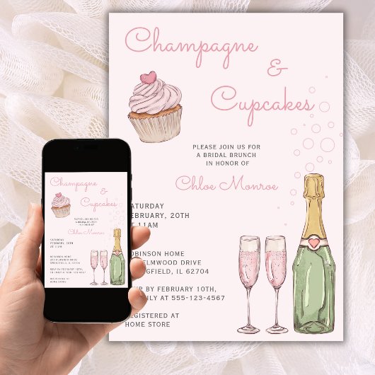 Champagne & Cupcakes Modernes Rosa Bridal Luncheon Einladung