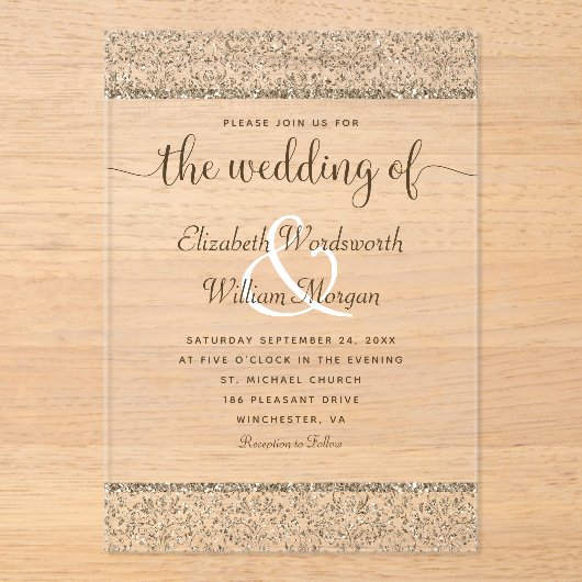 Champagne Damask Glitzer Monogram Elegant Wedding Acryleinladungen (Vorderseite)