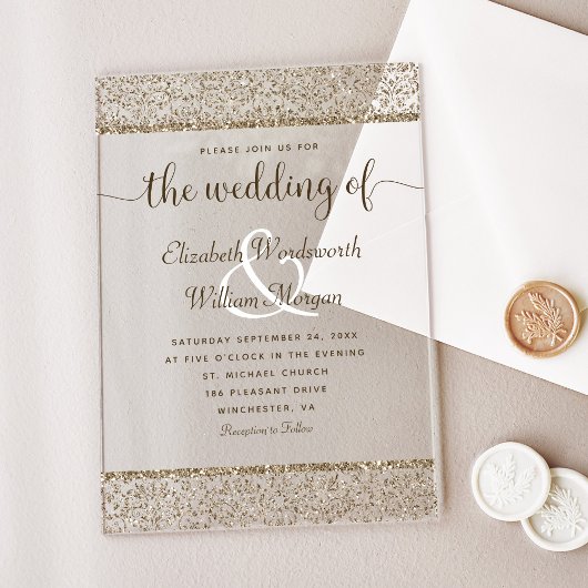 Champagne Damask Glitzer Monogram Elegant Wedding Acryleinladungen