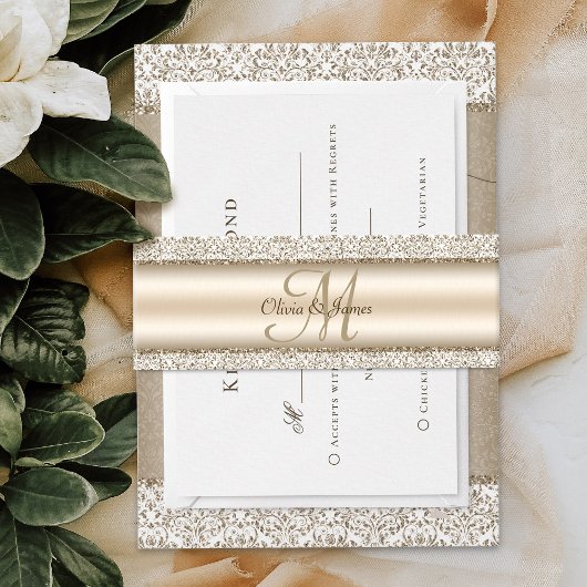 Champagne Damask Glitzer Monogram Wedding Einladungsbanderole