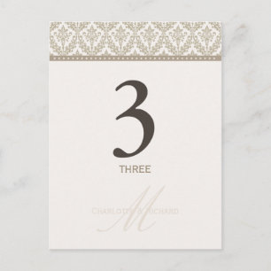 Champagne Damask Monogram Tischnummer Card