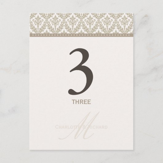 Champagne Damask Monogram Tischnummer Card (Vorderseite)