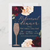 Champagne Dark Blue Floral Probe Dinner Einladung (Vorderseite)