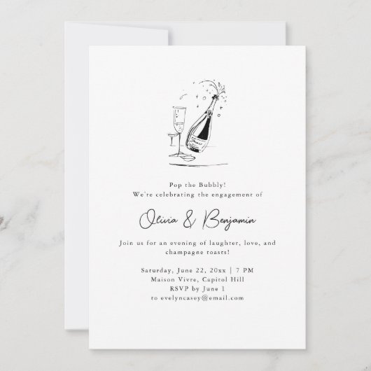Champagne Drawing Minimalist Engagement Party Einladung (Vorderseite)
