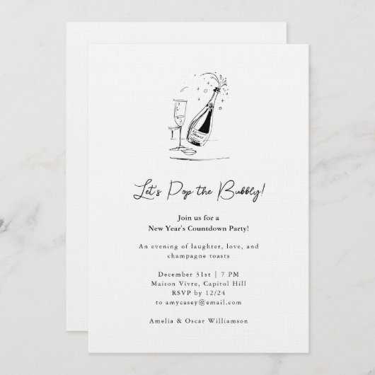 Champagne Drawing Minimalist New Year's Eve Party Einladung (Vorne/Hinten)