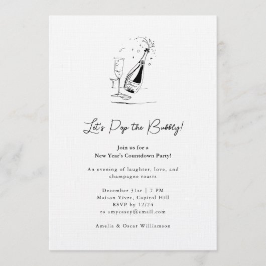 Champagne Drawing Minimalist New Year's Eve Party Einladung (Vorderseite)