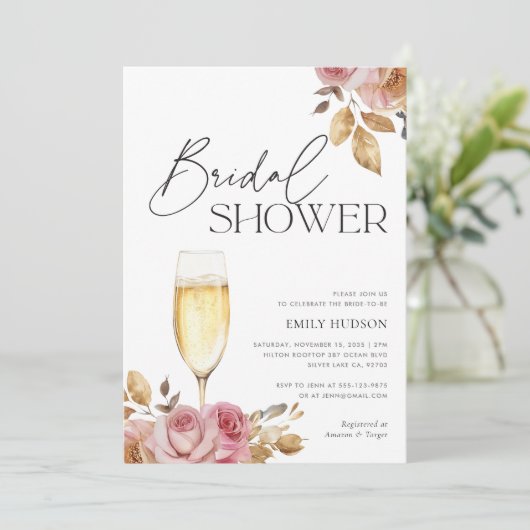 Champagne Elegantes Brautparty Einladung (Stehend Vorderseite)