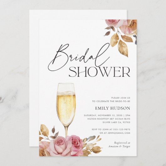 Champagne Elegantes Brautparty Einladung (Vorne/Hinten)