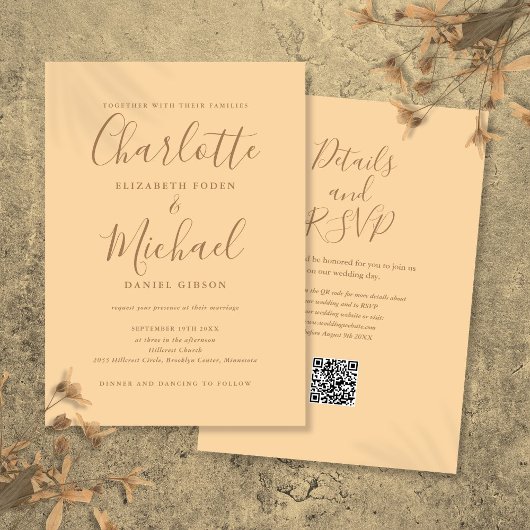 Champagne Elegantes Script QR Code Hochzeit Einladung