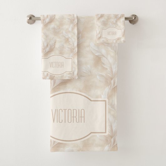 Champagne Federn Zartes Tan Monogrammiert Badhandtuch Set (Insitu)