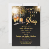 Champagne Fireworks Black Gold Silvester Party Einladung (Vorderseite)