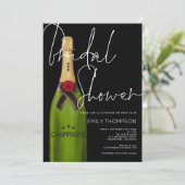 Champagne Flasche Weißes Script Schwarzes Brautpar Einladung (Stehend Vorderseite)