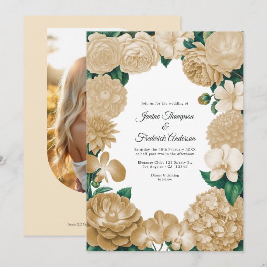 Champagne Floral Photo and QR Code Wedding Einladung (Vorne/Hinten)