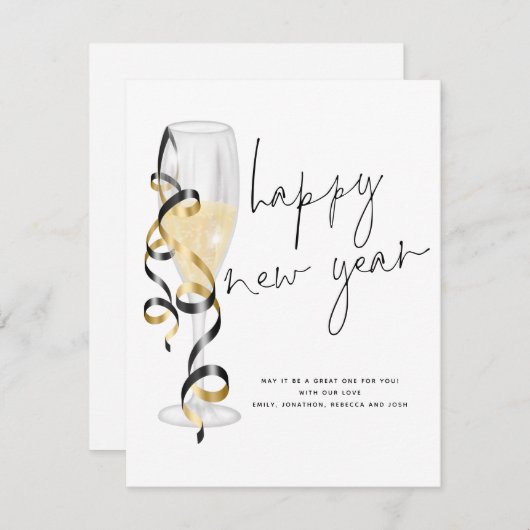 Champagne Flute Script glücklich Neues Jahr Mitteilungskarte (Vorne/Hinten)