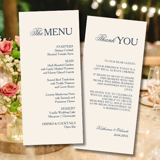 Champagne Formal Old Money Hochzeitsmenü Danke Programm