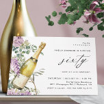 Champagne | Fun Elegant Women's 60th Birthday Einladung<br><div class="desc">Pretty 60th birthday invitations featuring a watercolor illustration of a champagne bottle surrounded by purple flowers. Large "sixty" text is written in script,  for a fun-but-elegant style. The reverse side is a coordinating pale green color. (Background colors can be changed,  if wanted,  by using the design tool).</div>
