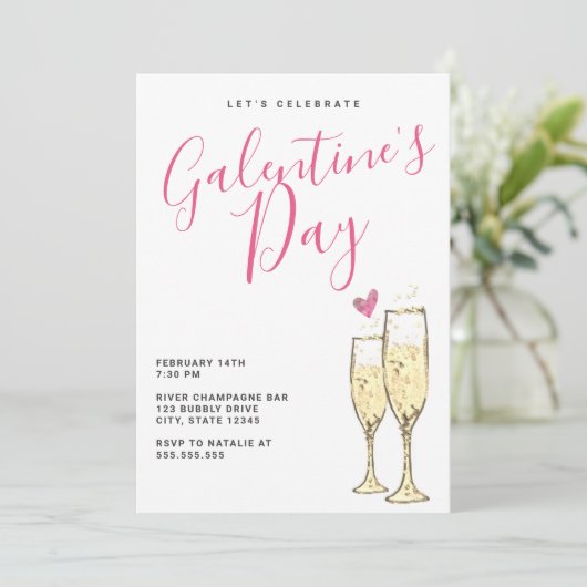 Champagne Galentines Day Party Einladung (Stehend Vorderseite)