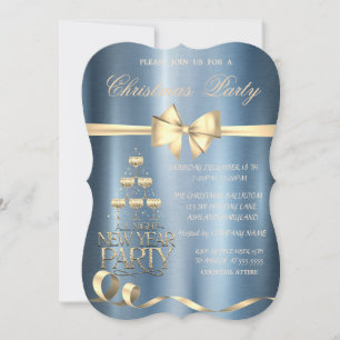 Champagne Glass Bow Blue Metallic Weihnachten Einladung