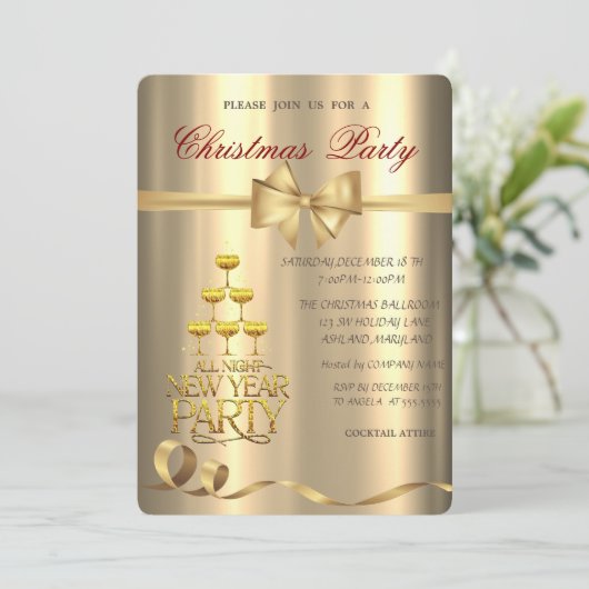 Champagne Glass Bow Gold Weihnachtsfest Party Einladung (Stehend Vorderseite)