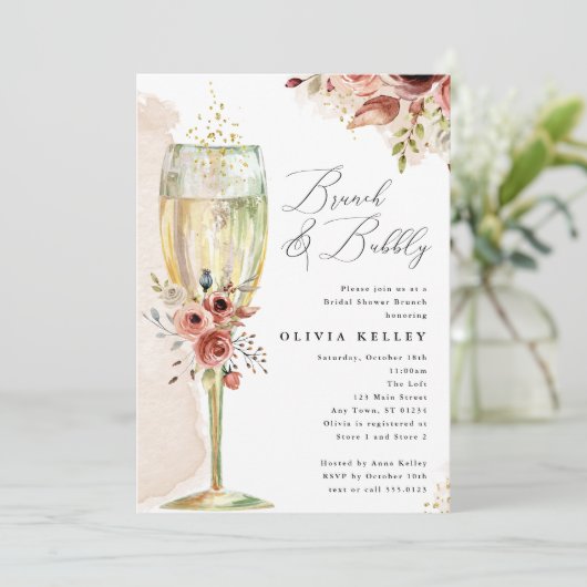 Champagne Glass Brunch & Bubbly Boho Brautparty Einladung (Stehend Vorderseite)