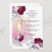 Champagne Glass Floral Geburtstag Einladung (Vorne/Hinten)