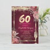 Champagne Glass Gold Confetti Floral Red 60th  Einladung (Stehend Vorderseite)