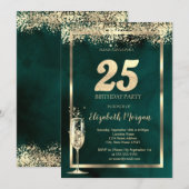 Champagne Glass Gold Confetti Green 25. Geburtstag Einladung (Vorne/Hinten)
