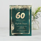 Champagne Glass Gold Confetti Green 60. Geburtstag Einladung (Stehend Vorderseite)