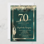 Champagne Glass Gold Confetti Green 70. Geburtstag Einladung (Vorderseite)