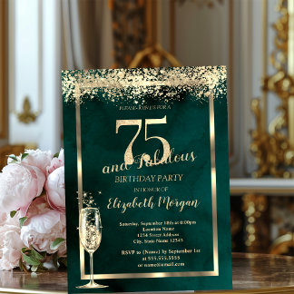 Champagne Glass Gold Confetti Green 75. Geburtstag Einladung