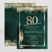Champagne Glass Gold Confetti Green 80. Geburtstag Einladung (Vorne/Hinten)