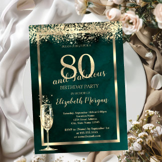 Champagne Glass Gold Confetti Green 80. Geburtstag Einladung