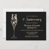 Champagne Glass Gold Leaf 1st Wedding Anniversary Einladung (Vorderseite)