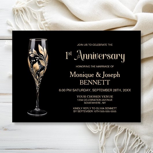Champagne Glass Gold Leaf 1st Wedding Anniversary Einladung