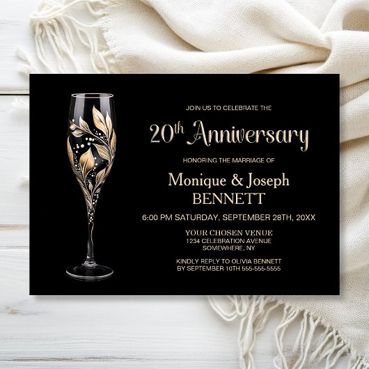 Champagne Glass Gold Leaf 20th Wedding Anniversary Einladung