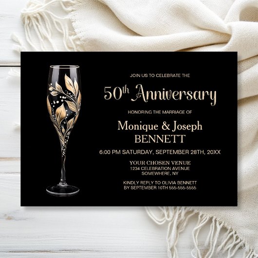 Champagne Glass Gold Leaf 50th Wedding Anniversary Einladung