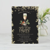 Champagne Glass Holly Berry Cocktail Stars Einladung (Stehend Vorderseite)