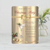 Champagne Glass Pearls Bow Gold Christmas Party Einladung (Stehend Vorderseite)